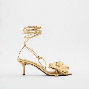 Zara Gold Lace Up Tied Floral Mid-Height Heel Leather Sandals